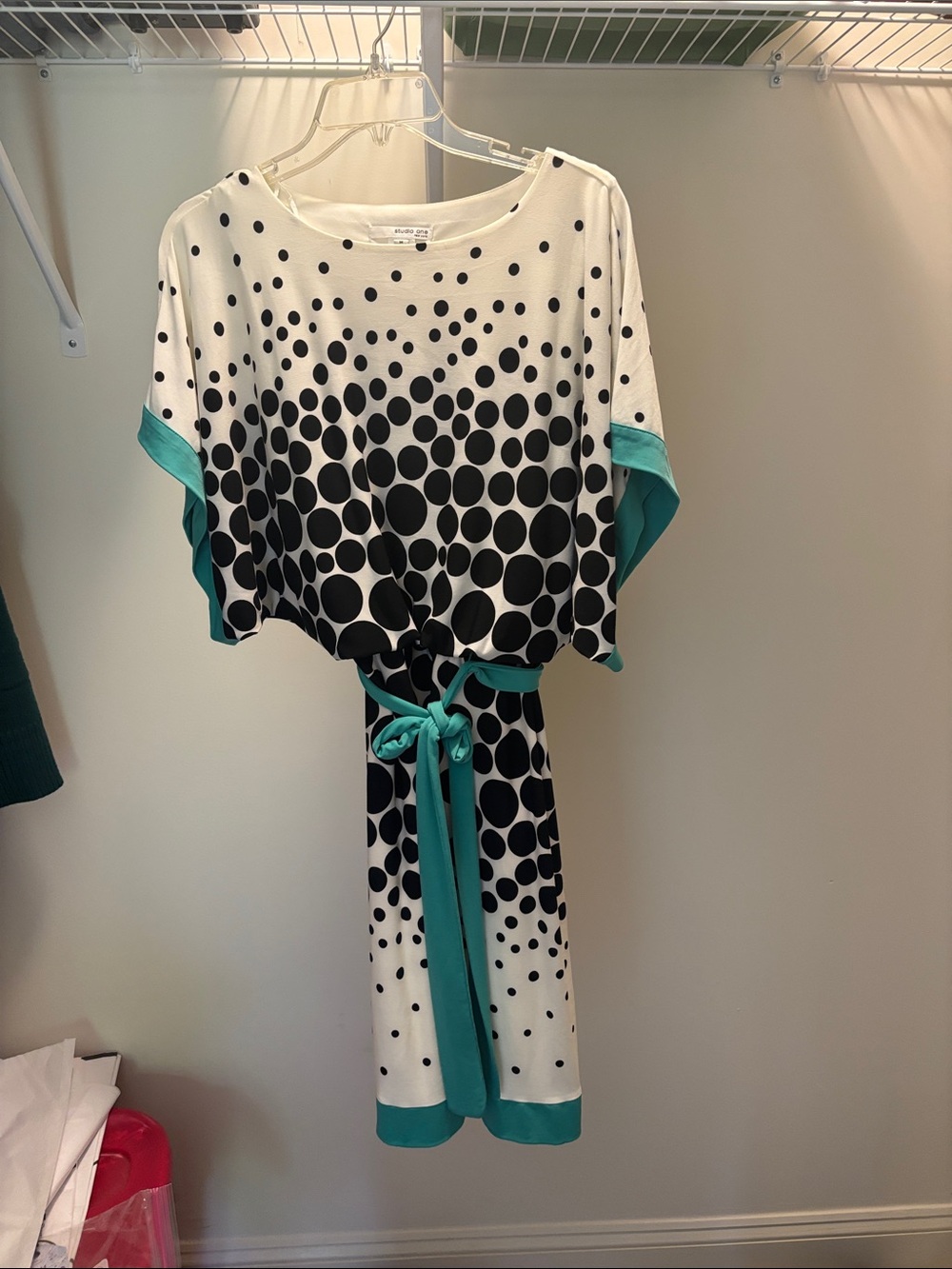 Studio One Polka Dot Belted Dress with Teal Trim